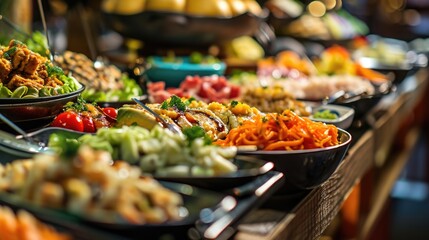 Obraz premium A colorful and abundant buffet table featuring various dishes, ideal for use in restaurants, hotels, or event planning