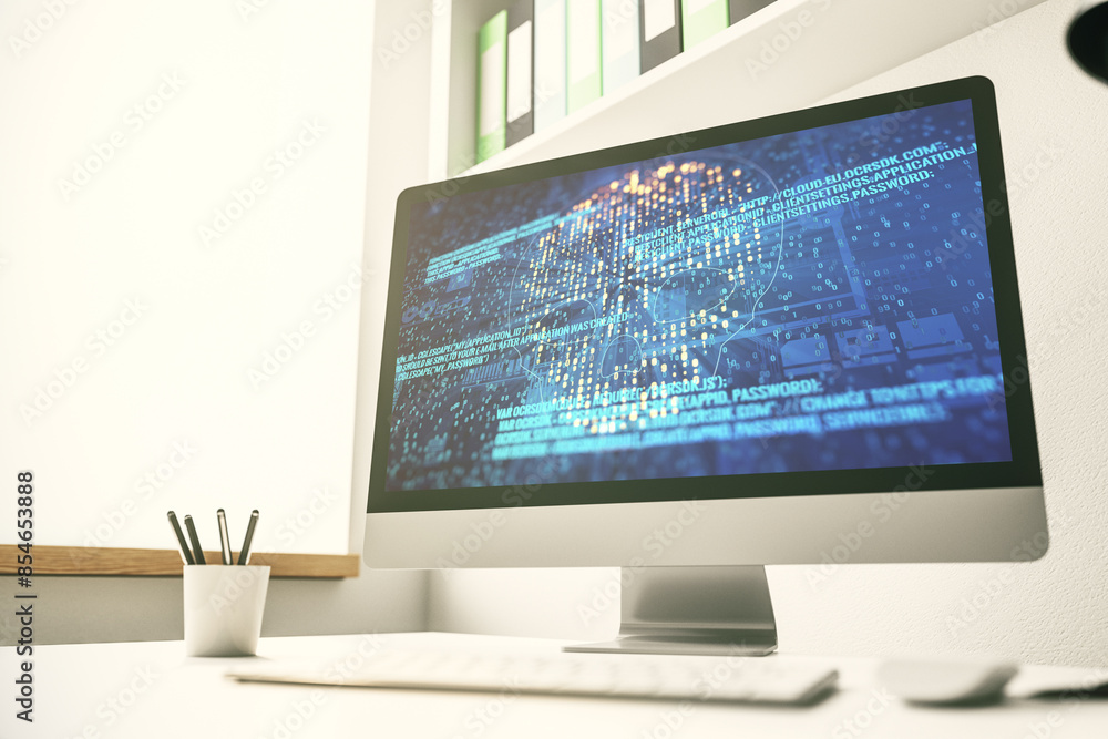 Poster Modern computer monitor with creative code skull hologram. Malware and cyber crime concept. 3D Rendering
