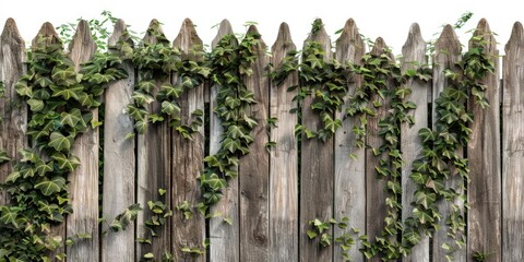 A close-up view of a wooden fence covered in vines and foliage