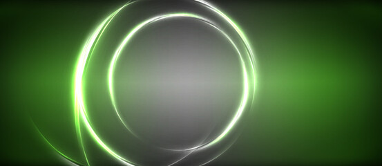Neon glowing circle rays, light round lines in the dark, planet style neon wave lines. Energetic electric concept design for wallpaper, banner, background