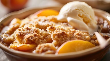 Delicious peach crumble dessert with vanilla ice cream in a bowl, showcasing golden crisp topping and juicy fruit slices.