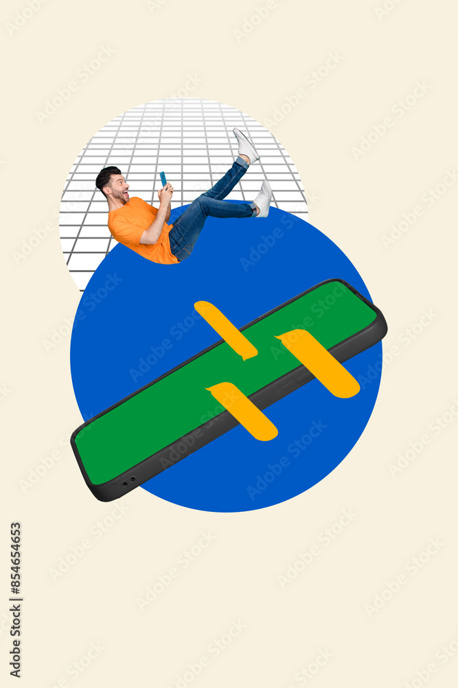 Poster Creative abstract template collage of funny falling man device screen message empty space freak bizarre unusual fantasy billboard