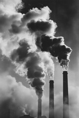Obraz premium Smoke billows from a factory chimney in a classic black and white photograph
