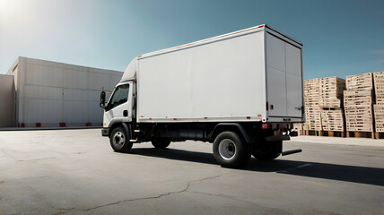 A white transport truck on industrial area standing for loading. Image of truck for mockup showing a company loading its products.