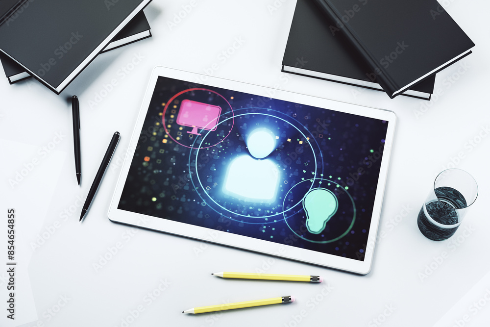 Aufkleber social network concept on modern digital tablet screen. top view. 3d rendering