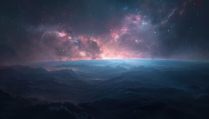 Fototapeta premium Ethereal cosmic horizon with vibrant nebula colors blending into the dark space. Perfect for sci-fi themes, backgrounds, and digital art.