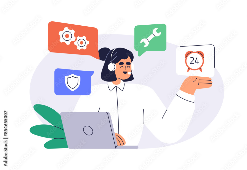 Poster call center worker at work. 24/7 customer service, helpdesk and technical support, assistance. woman