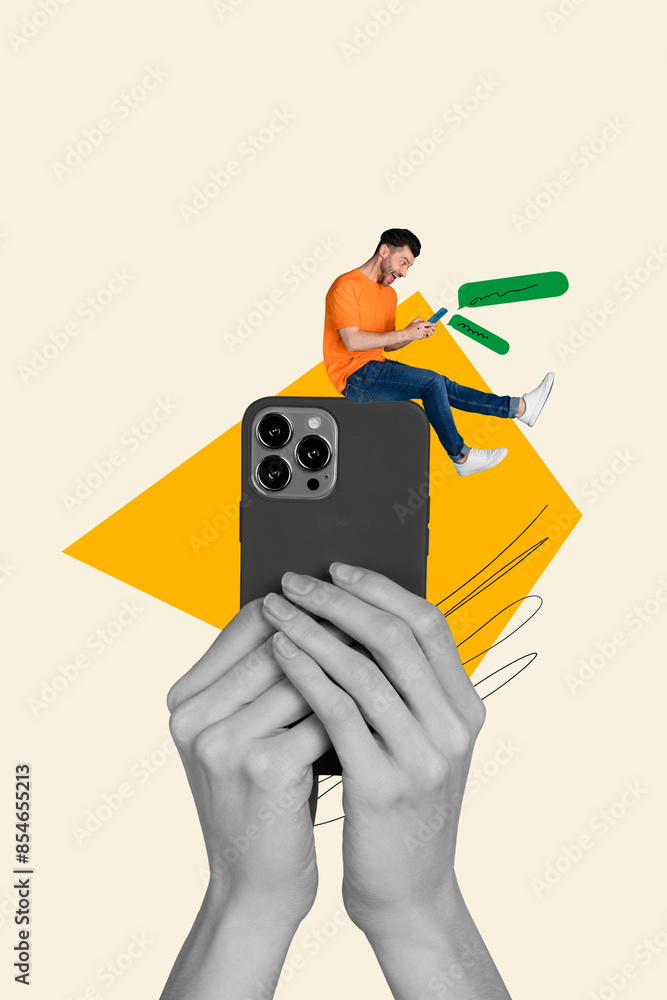 Poster creative abstract template collage of hands hold device wifi social media connection message freak b