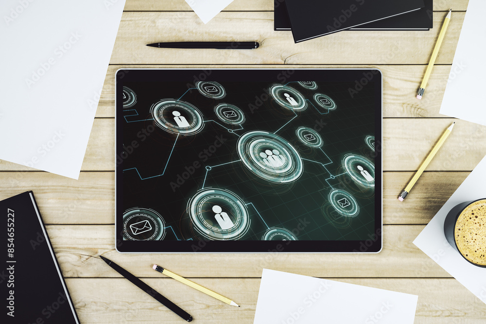 Aufkleber Modern digital tablet screen with social network icons concept. Networking concept. Top view. 3D Rendering