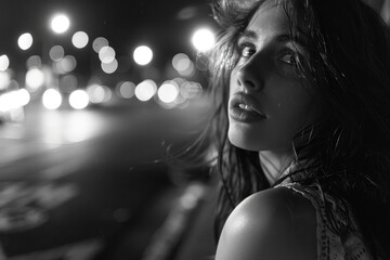 A black and white photo of a woman with long hair, suitable for use in a historical or vintage-themed project