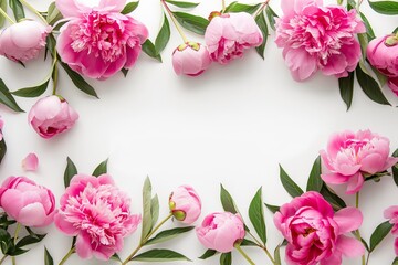 Beautiful arrangement of pink peonies on a white background, showcasing the elegance and charm of these flowers. Ideal for decor and floral-themed projects. Copy Space. Flat Lay. Top View