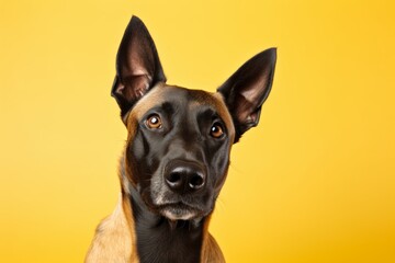 Obraz premium Portrait of a funny belgian malinois dog on pastel yellow background
