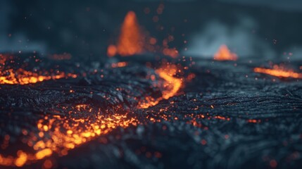 Fiery lava flow scene with molten rocks and glowing embers, showcasing the raw power and beauty of volcanic activity during an eruption.