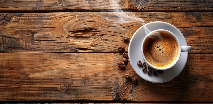 A close-up photo of a steaming cup of coffee placed on a rustic wooden table top The warm steam rises from the rich, aromatic beverage, creating a cozy and inviting atmosphere