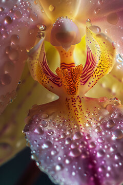 Realistic portrait photo macro shot, of spring botanical yellow orchid  color flower  background, wallpaper, wall art