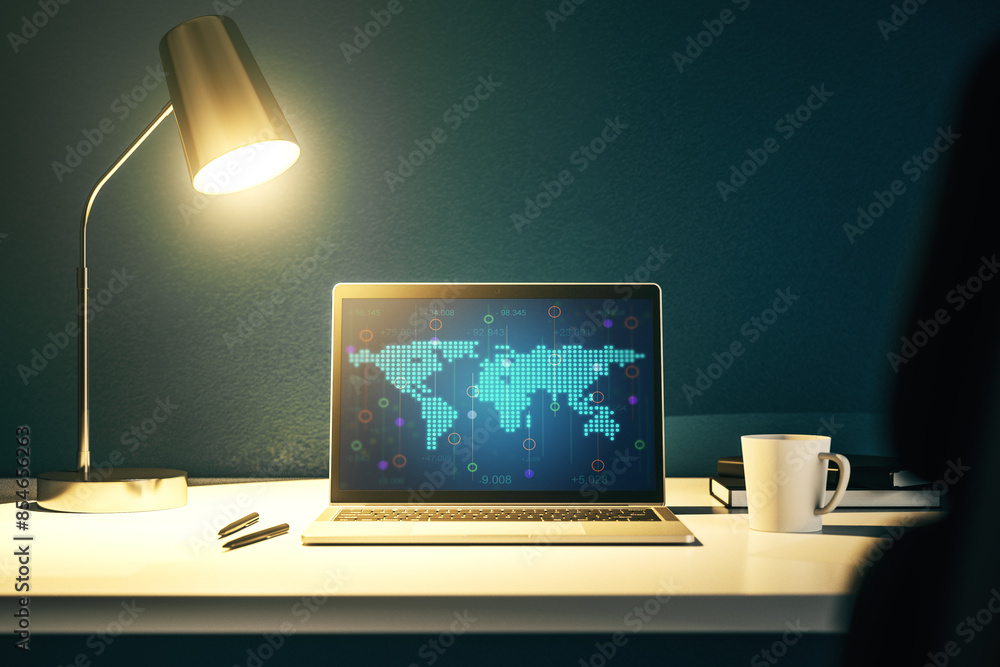 Aufkleber abstract graphic world map on modern laptop screen, connection and communication concept. 3d renderi
