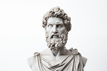 Fototapeta premium Bust of Greek statue on a white background. Topics related to Greek antiquity. Greek sculpture. History of Greece. Isolated image. Image for graphic designer.