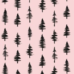 Obraz premium Artistic pattern of black pine trees on a pink background, creating a modern and stylish nature-inspired design. Ideal for prints and decor projects.
