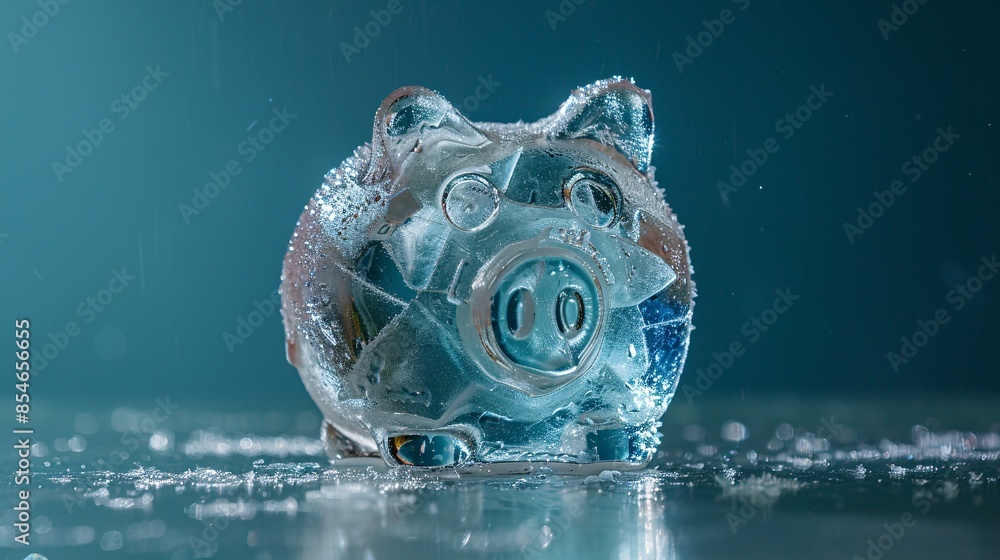 Poster a piggy bank encased in a solid block of ice sits isolated on a plain background, symbolizing frozen