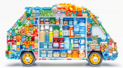 Obraz premium Delivery van full of colorful medicine delivering healthcare and pharmaceuticals