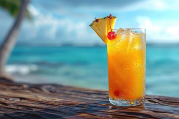 A tropical cocktail with a small umbrella, garnished with a slice of pineapple and a cherry, sitting on a wooden table by the sea.