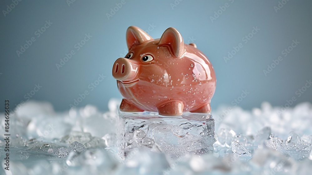 Aufkleber a piggy bank is seen frozen inside a large ice cube, set against a plain backdrop, representing the 