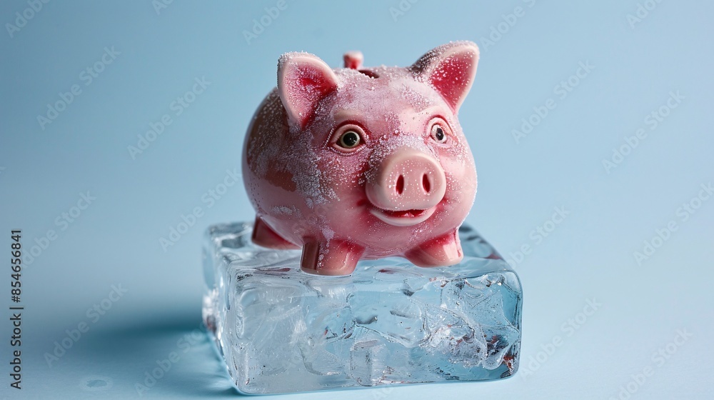 Aufkleber a piggy bank is seen frozen inside a large ice cube, set against a plain backdrop, representing the 