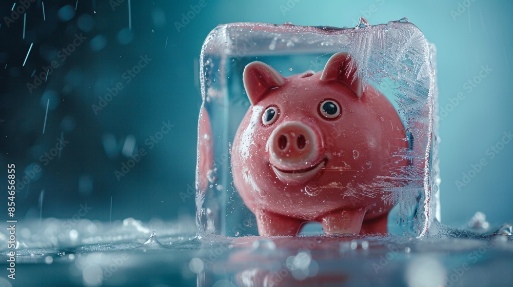 Aufkleber a piggy bank is seen frozen inside a large ice cube, set against a plain backdrop, representing the 