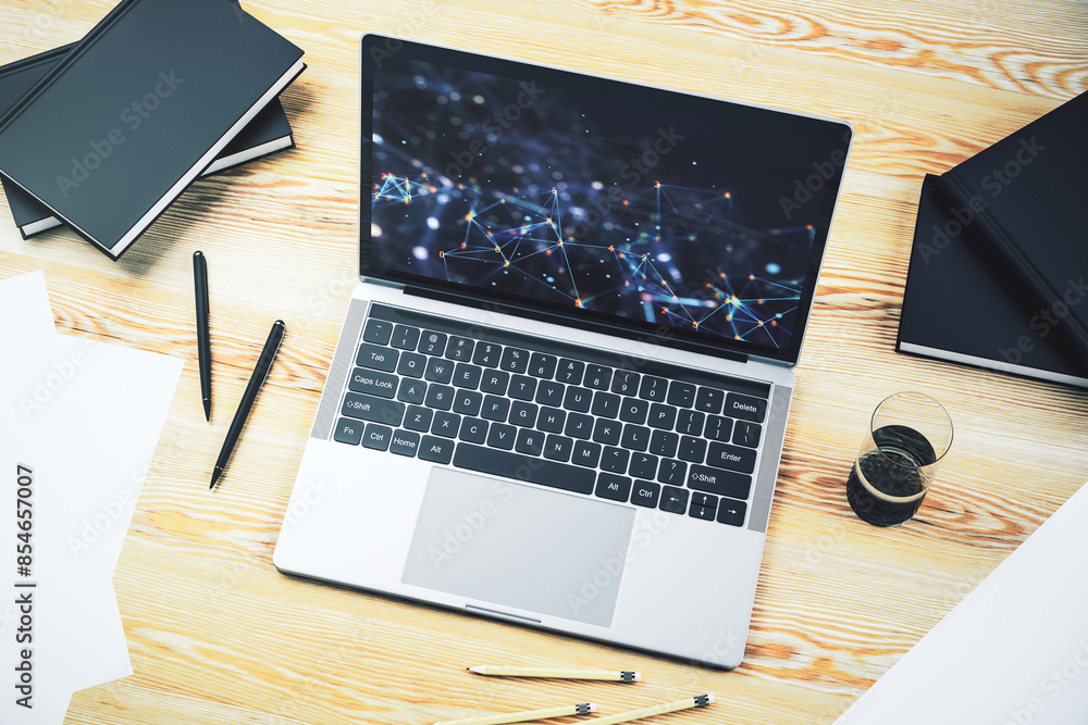 Leinwandbilder creative concept of wireless technology on modern laptop screen. big data and database concept. 3d r