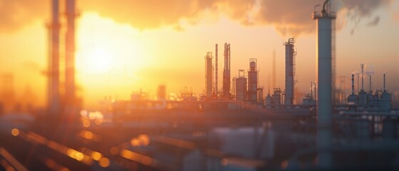 Industrial refinery complex at sunset, highlighting the contrast between nature and industry in a visually captivating scene.