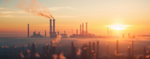 A factory skyline during a vibrant sunset, with tall chimneys emitting smoke, symbolizing industrial activity.