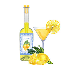 Limoncello bottle and glass watercolor arrangement. Hand drawn composition of Italian traditional lemon liqueur and lemons for packaging and menu design.
