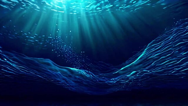 Blue abstract marine background with underwater seascape and light rays. Aqua Waves and Ripples makes colorful lines. Gradient looped wallpaper in Ultra HD 4K for broadcast or presentation.