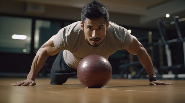 A person performing push-ups on a bouncy surface, showcasing physical fitness and flexibility