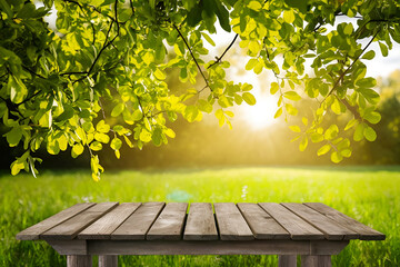 Naklejka premium Spring summer beautiful natural background with green foliage in sunlight and empty wooden table outdoors. Abstract backgrounds wallpaper. Ai generative