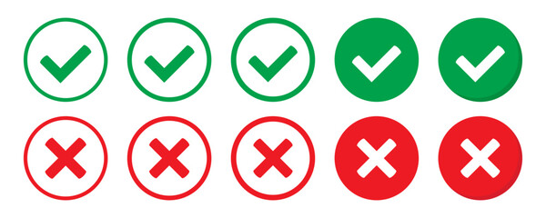 Right or wrong icons. Green tick and red cross checkmarks. Yes or no symbol, approved or rejected icon for user interface.