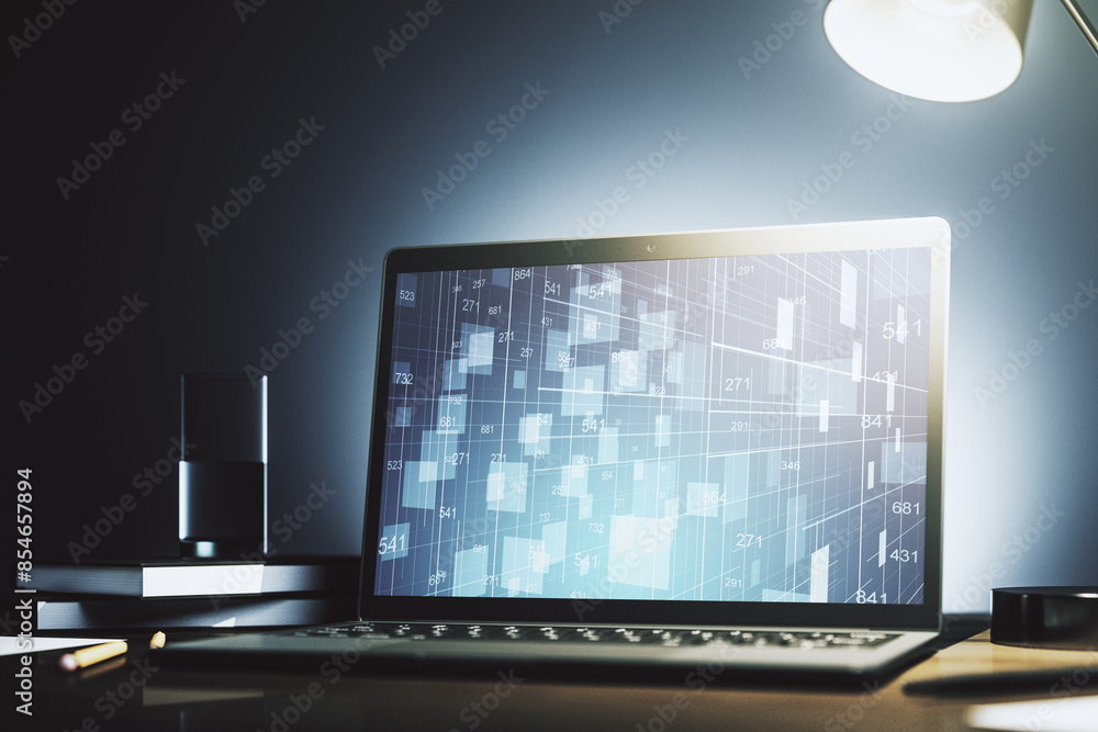 Poster Abstract creative statistics data hologram on modern computer monitor, analytics and forecasting concept. 3D Rendering