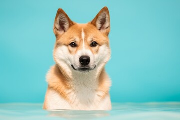 Portrait of a cute akita over pastel green background