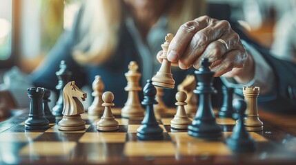 Chess game in progress, focusing on the players hands moving a piece. Chess tournament, competition