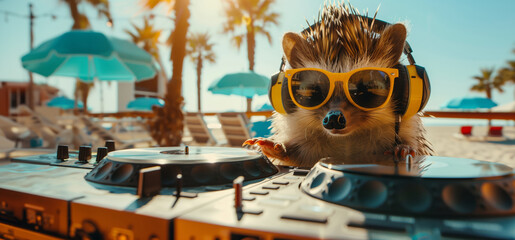 Hedgehog Wearing Headphones And Yellow Sunglasses DJing On Beach With Blue Umbrellas