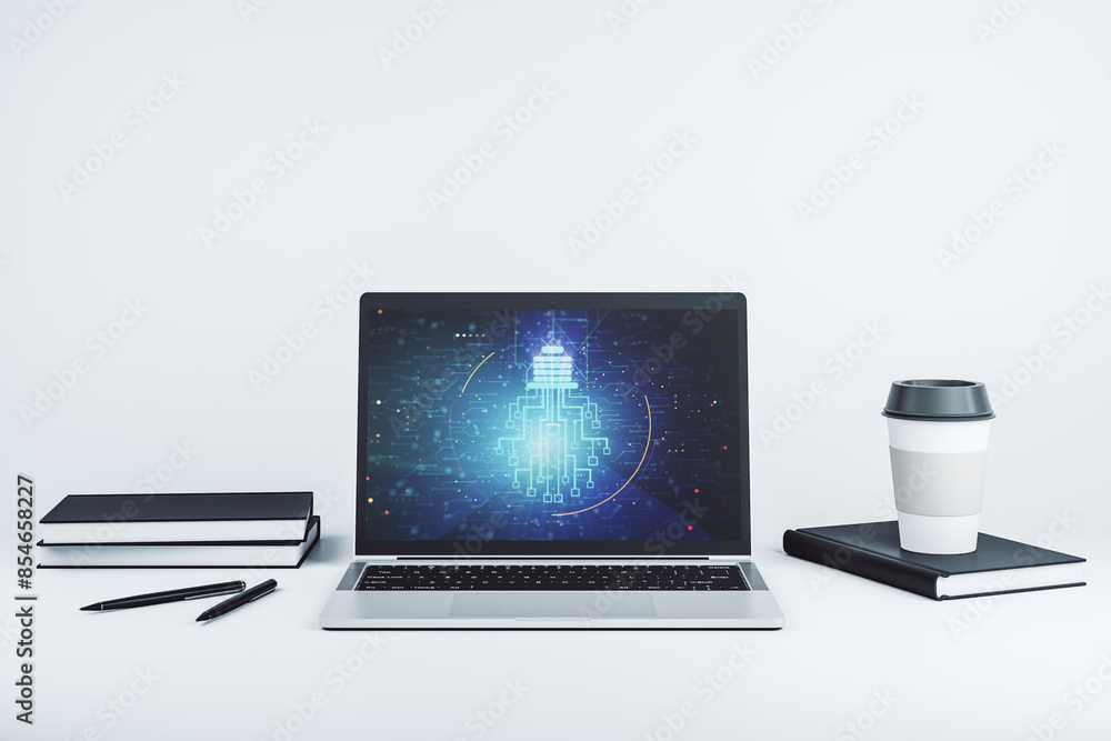 Poster Creative light bulb illustration with microcircuit on modern computer monitor, future technology concept. 3D Rendering