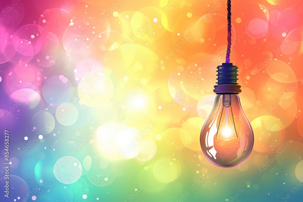 Poster a simple light bulb hanging from a string on a colorful background, ideal for illustrations and desi