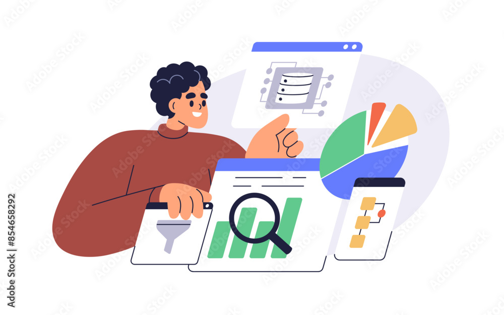 Fototapete Big data analysis concept. Analyst working with database, analytics, analyzing statistics, graphs and charts for report. Business review. Flat vector illustration isolated on white background