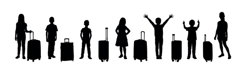 Group kids standing in row with their luggage portrait silhouette set.  Children going on vacation trip waiting with their suitcases at airport terminal for flight black silhouettes.