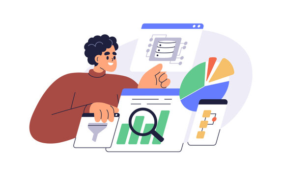 Big data analysis concept. Analyst working with database, analytics, analyzing statistics, graphs and charts for report. Business review. Flat vector illustration isolated on white background