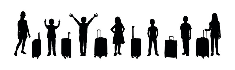 Group kids standing in row with their suitcase travel trip portrait vector silhouettes.