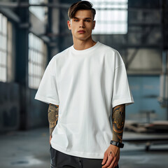 Man model using oversize white round collar t-shirt with minimalist industrial background Generative AI