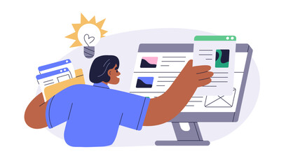 Creative content manager editing web-site, publishing articles, blogs. Online editor creating, placing information, news at computer. CMS concept. Flat vector illustration isolated on white background