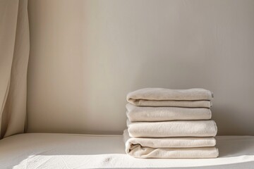 Folded towels stacked on a bed, suitable for bedroom or bathroom interior design