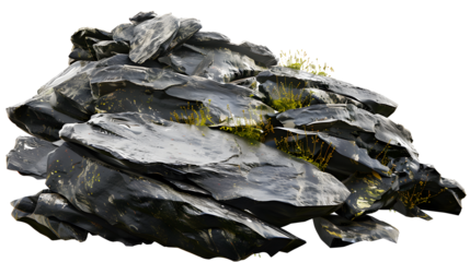 low angle perspective of hyper realistic high-quality image of flat wet shale forest rocks, very high contrast cinematic lighting, white background, png , clipping mask , photoshop asset